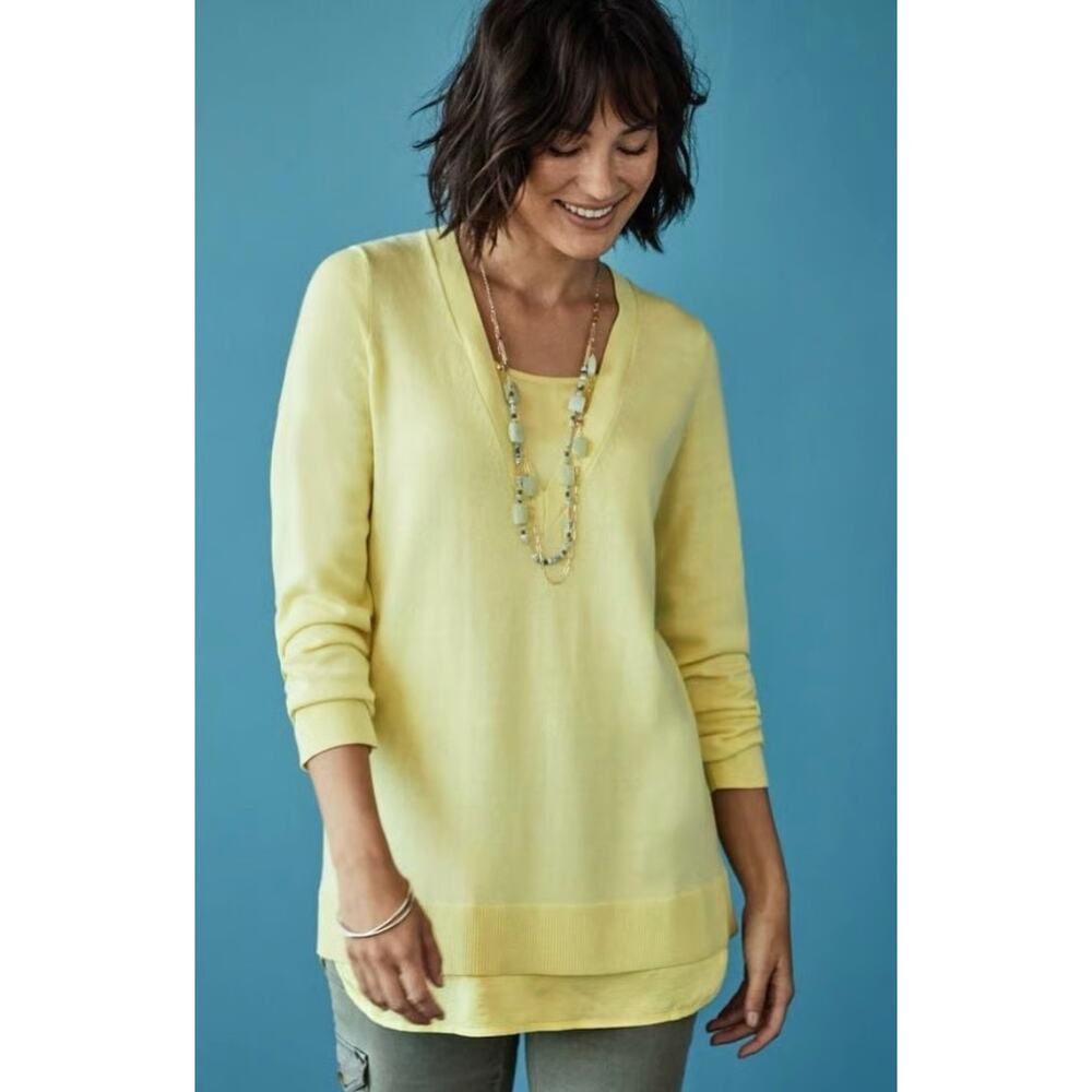 J Jill‎ V-Neck Knit Sweater Tunic Butter Yellow Sz Xs Minimalist Business Casual